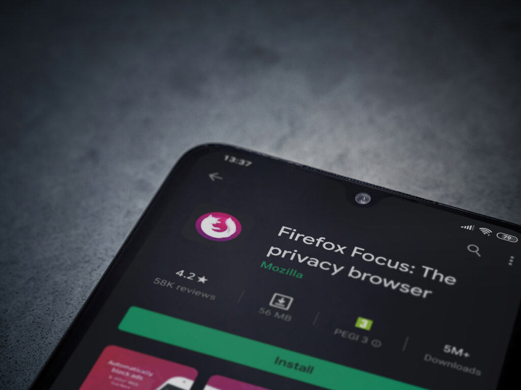 firefox focus app play store page on the display of a black mobi