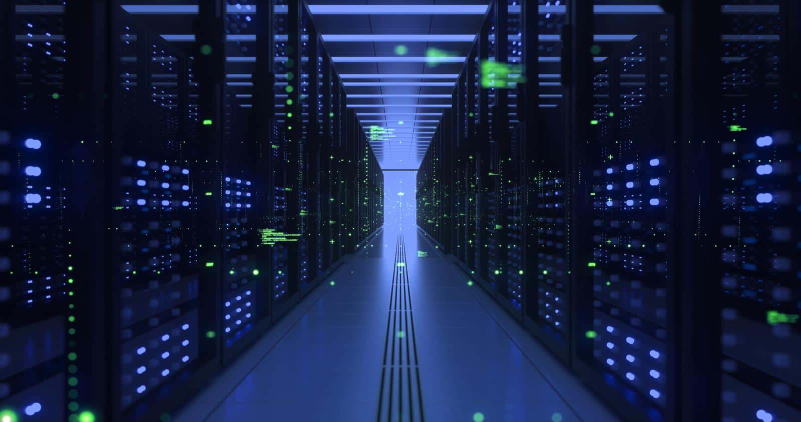 data center computer racks in network security server room cryptocurrency mining